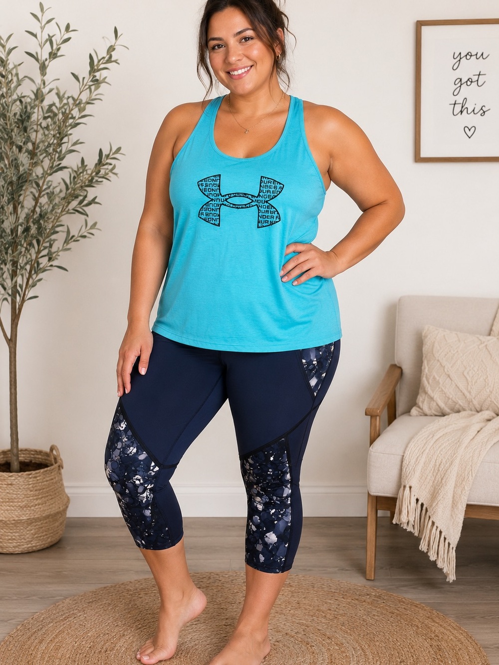 Under Armour women’sBright Teal Racerback Tank with Navy Logo with Capri outfit